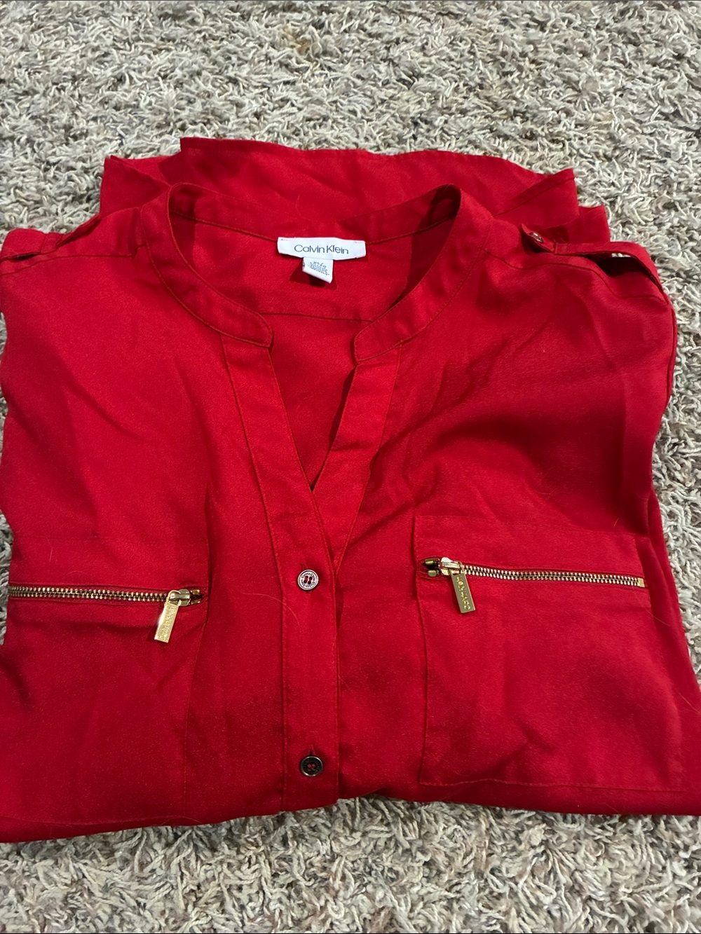 Calvin Klein Red Button-Front Blouse with Gold Zippers